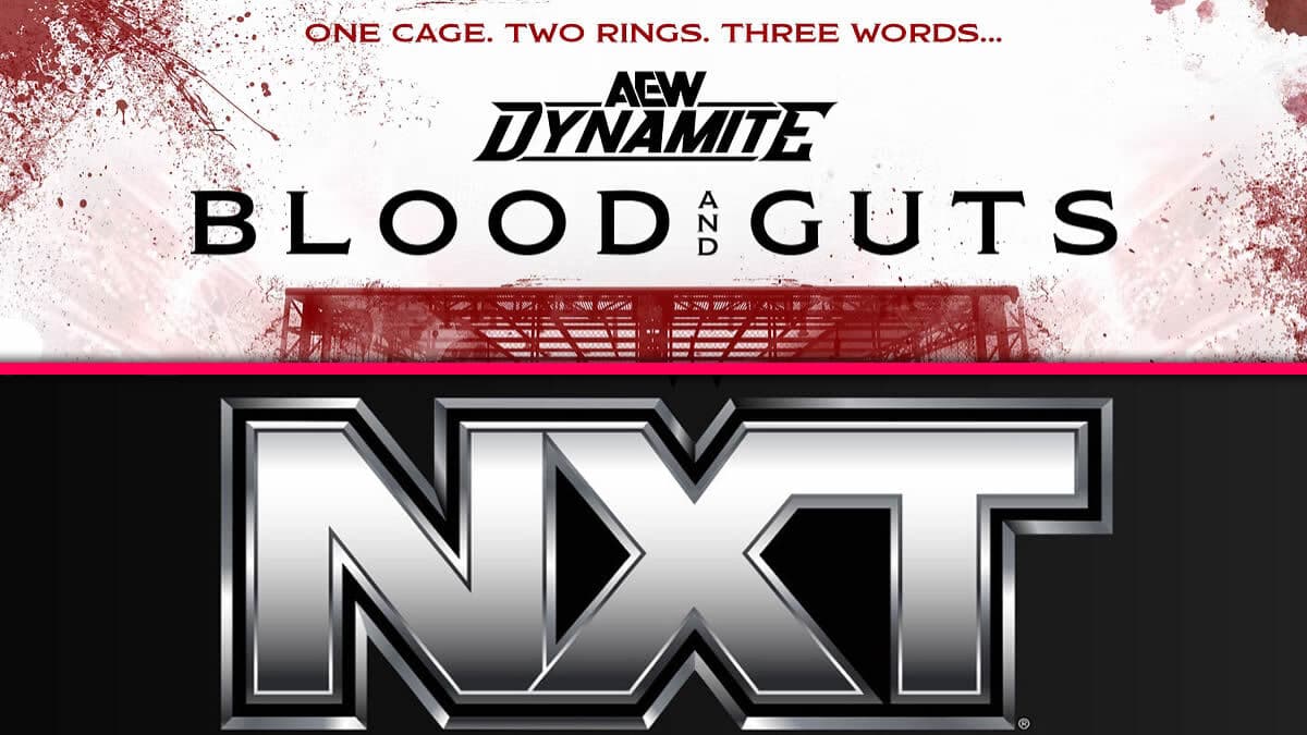 AEW Blood & Guts 2026 and NXT logos side by side