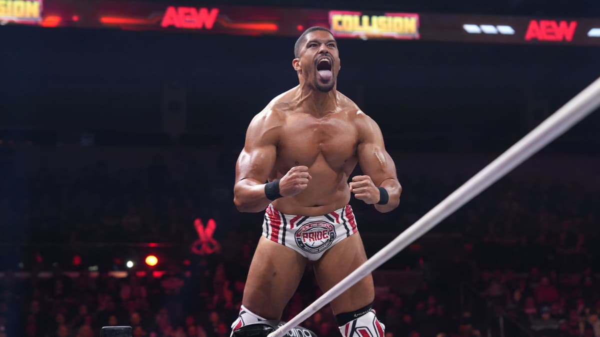 Anthony Bowens flexing on the middle rope