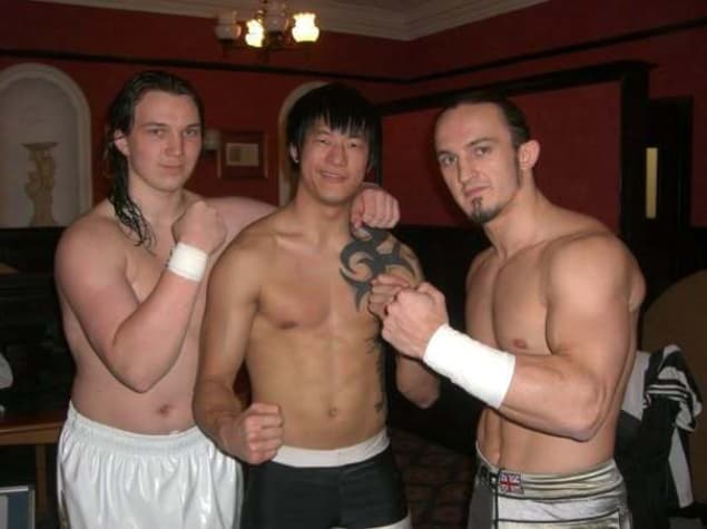 Backstage prior to our match for Complete Revolutionary Wrestling in Morpeth, with Micky Mann in the middle (lewis on the left, Ben on the right)