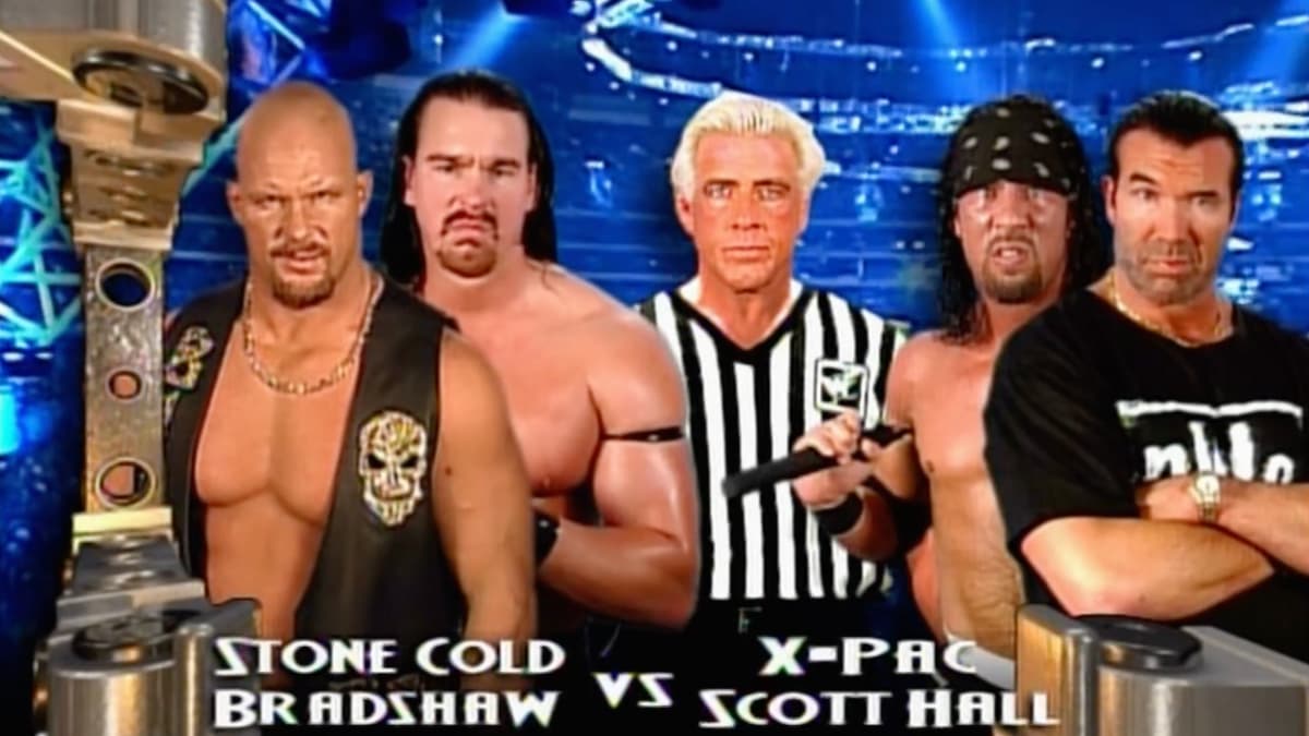 WWE Raw graphic for Steve Austin & Bradshaw vs. The nWo with Ric Flair as special guest referee