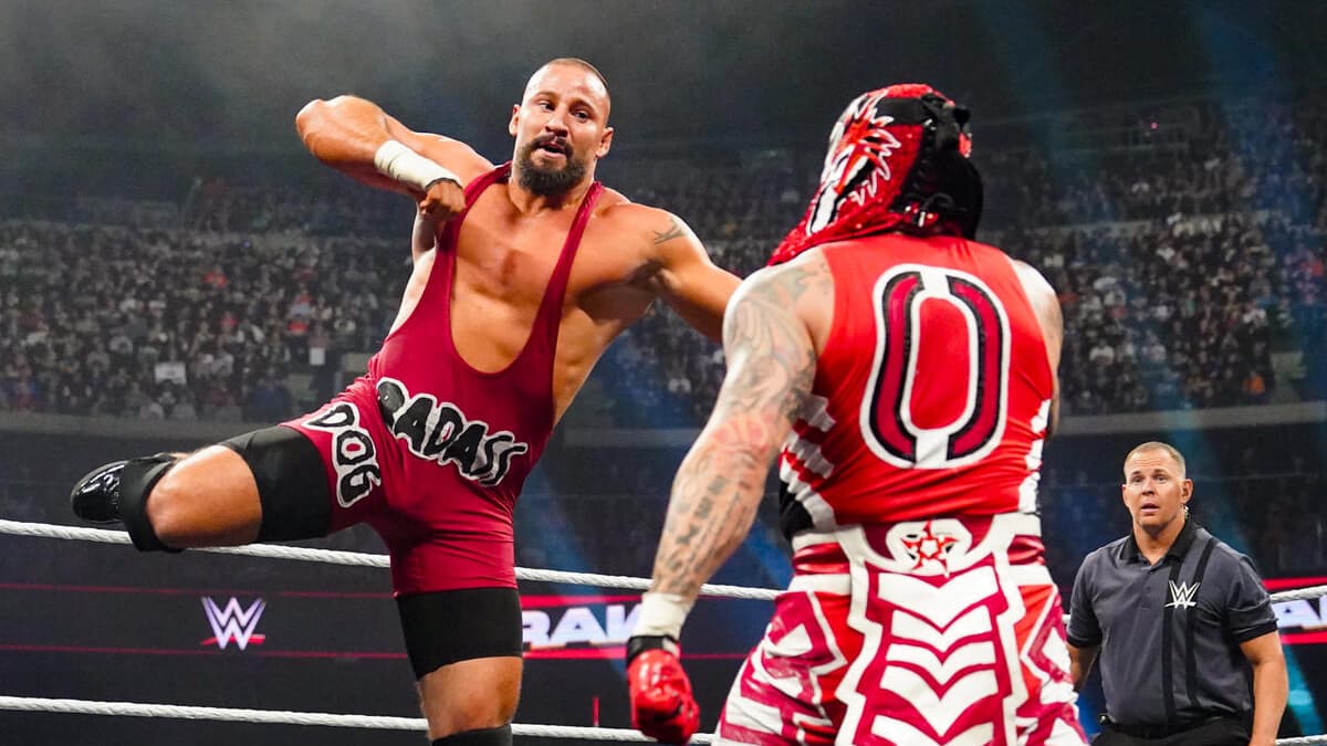 Bron Breakker hitting a Superman Punch to Penta on March 24, 2024 episode of WWE Raw