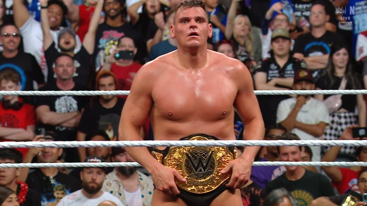 WWE star Gunther holds the World Heavyweight Championship belt after winning it from Jey Uso