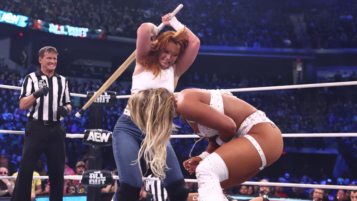 Jamie Hayter hitting Megan Bayne with a kendo stick at AEW All Out 2026