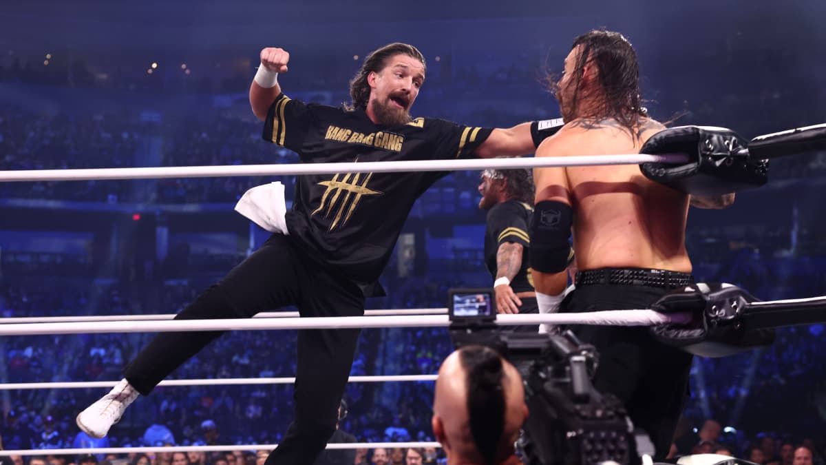 Jay White hitting a jumping strike at AEW All Out 2026