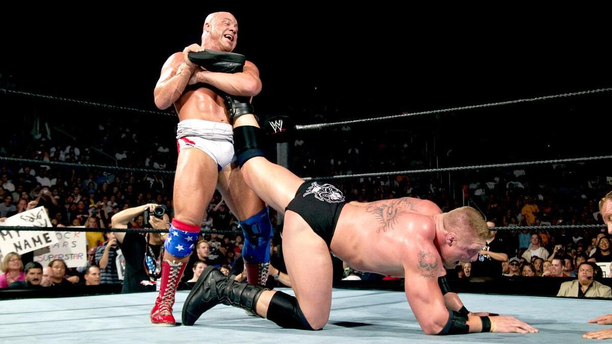 Kurt Angle with an Ankle Lock on Brock Lesnar at WWE SummerSlam 2003
