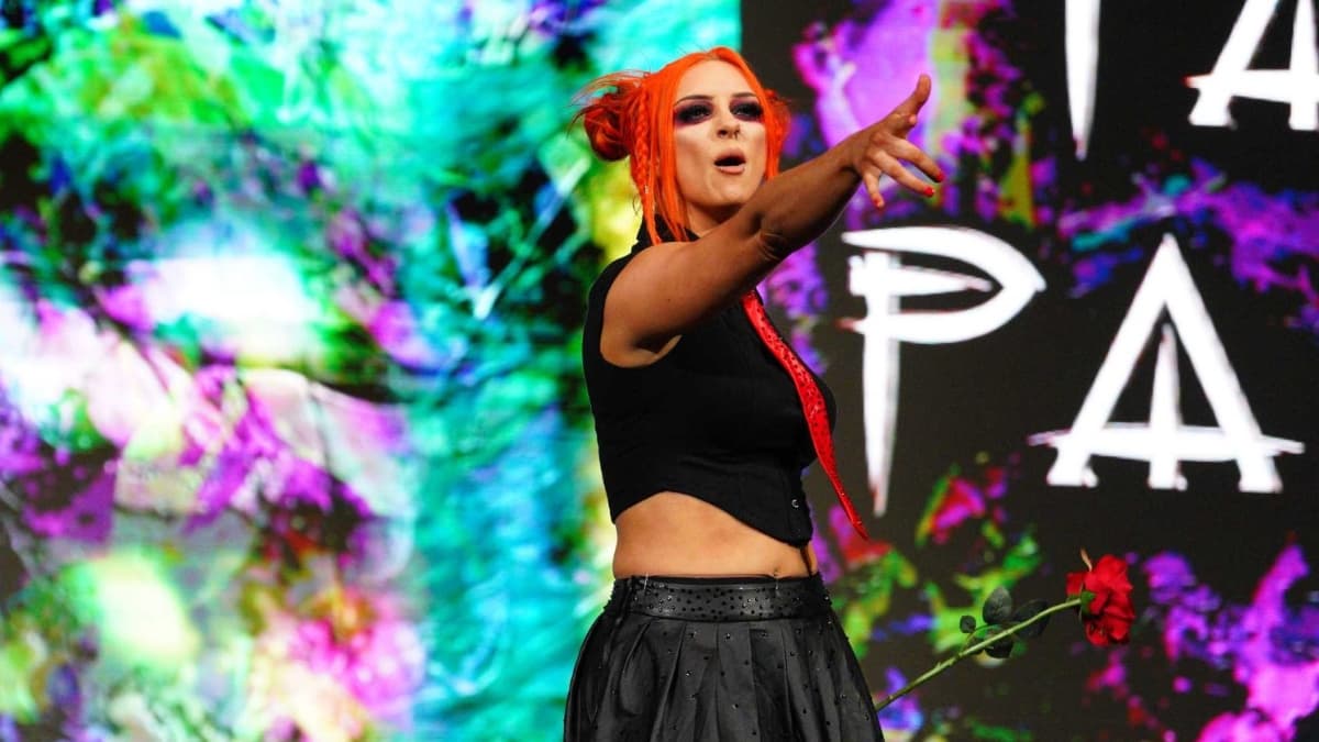Priscilla Kelly pointing during her entrance at TNA Rebellion 2025