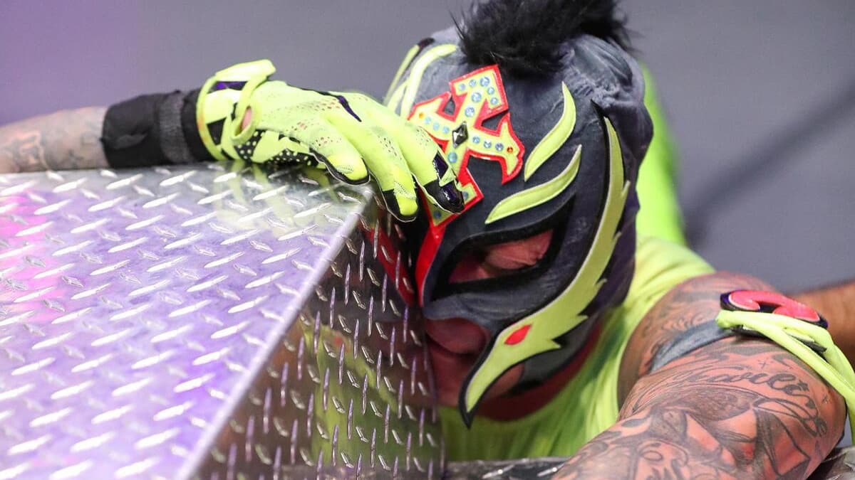 Rey Mysterio with his eye on the steel steps 