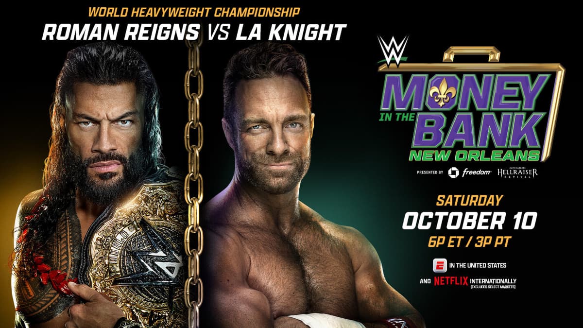 Poster for Roman Reigns vs. LA Knight at WWE Money in the Bank 2026