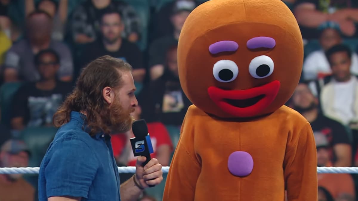 Sami Zayn shouting at the Gingerbread Man on WWE SmackDown