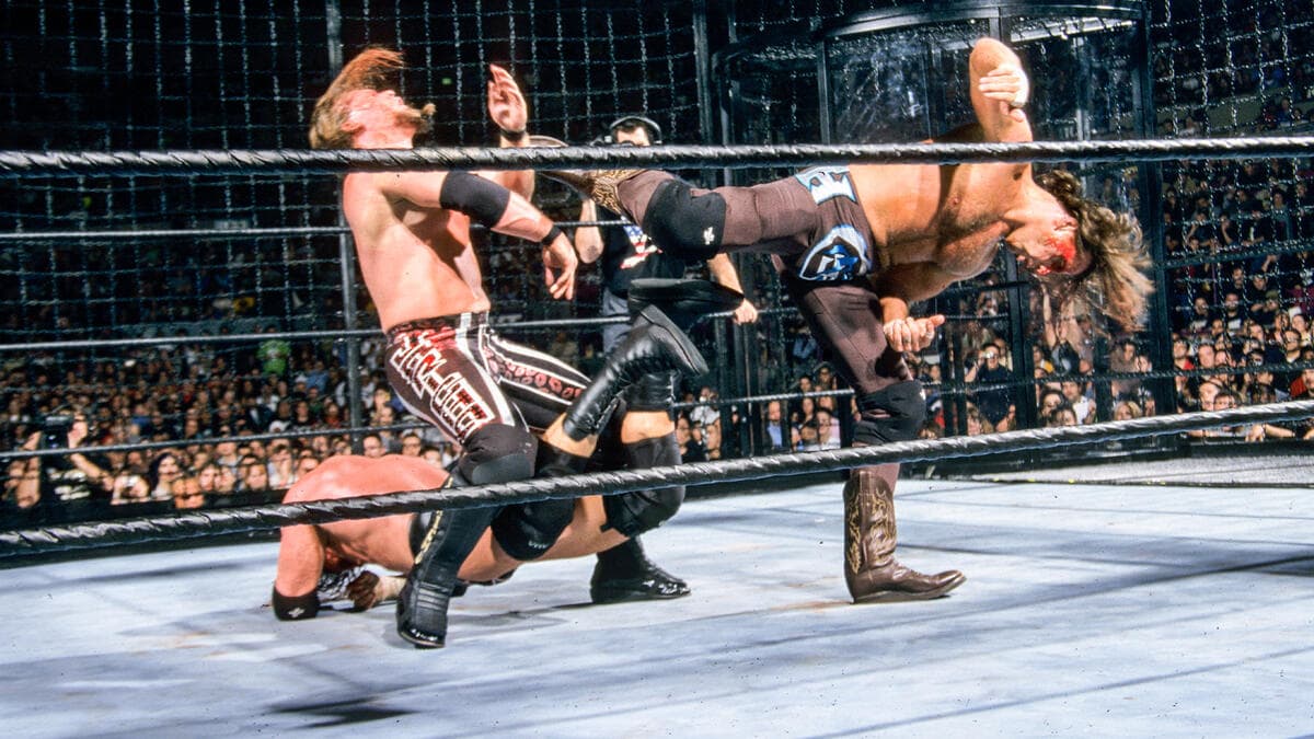 Shawn Michaels hitting a Sweet Chin Music to Chris Jericho at WWE Survivor Series 2002 inside the Elimination Chamber