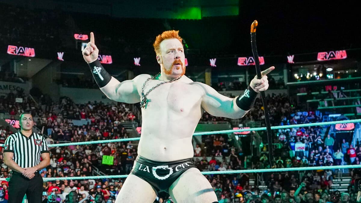 Sheamus pointing at the crowd 