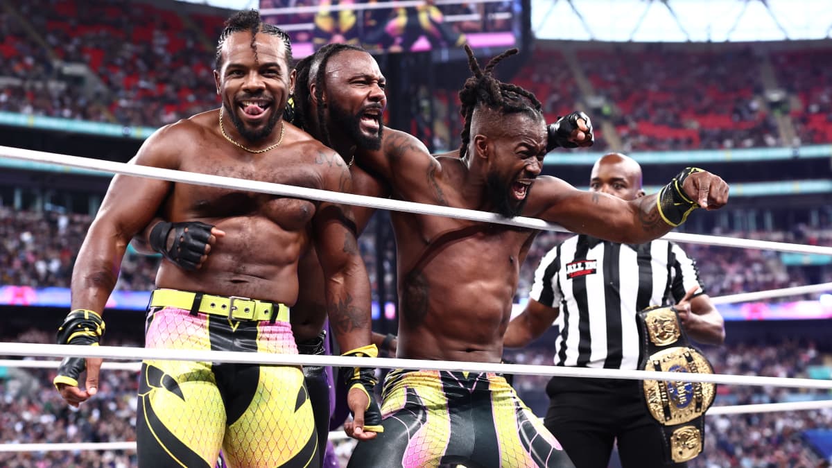 The New Level and Swerve Strickland celebrating on the ropes at AEW All In 2026