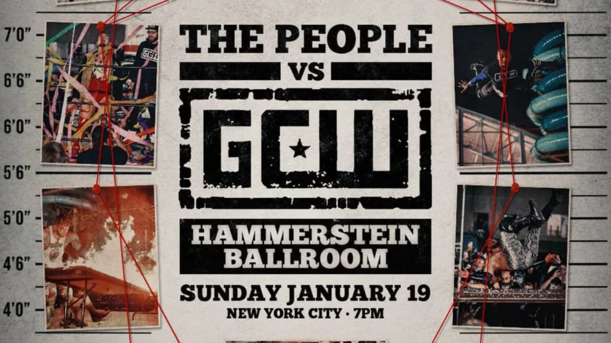 Event poster for "The People vs GCW" at Hammerstein Ballroom, NYC, with a backdrop of mugshot heights and photos.