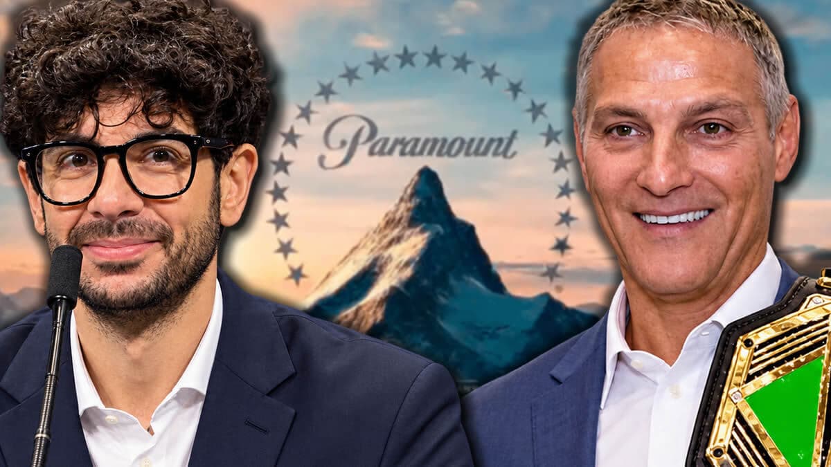 Tony Khan on the left, Ari Emanuel on the right with the Paramount logo in the background in the middle 