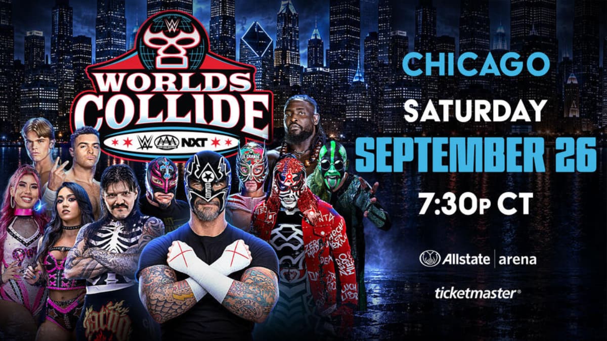 WWE Worlds Collide 2026 poster with CM Punk in a mask