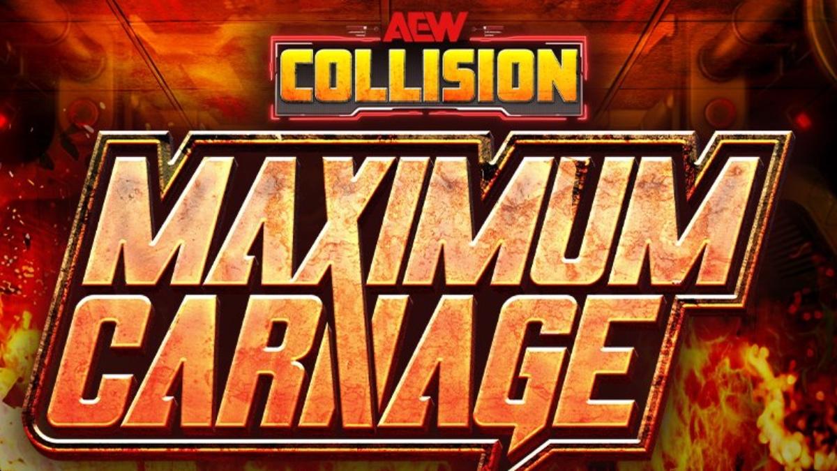 Logo for AEW Collision Maximum Carnage with bold orange text and a fiery background
