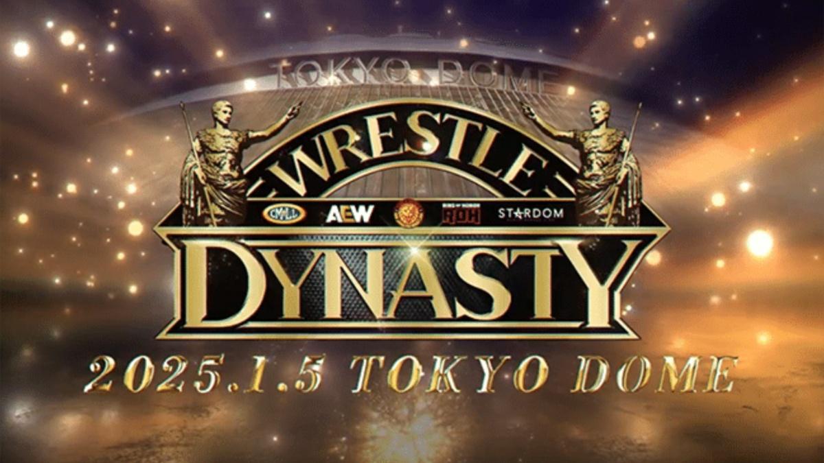 Promotional graphic for "Wrestle Dynasty" event at Tokyo Dome on January 5, 2025, with decorative elements.