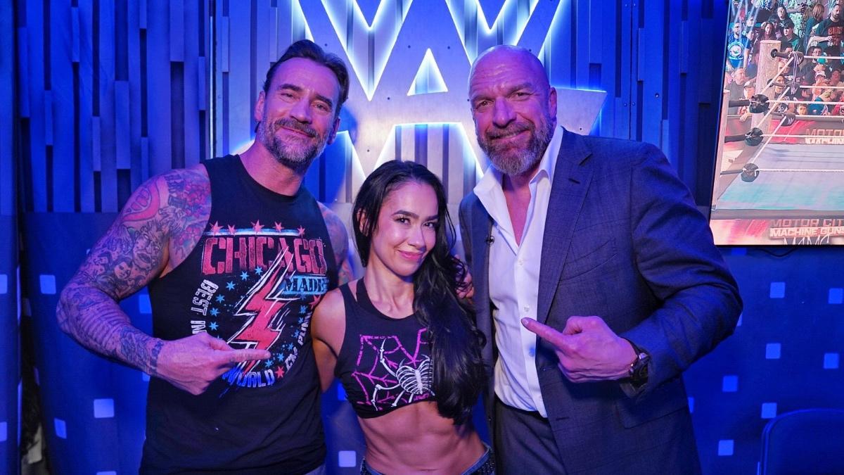 CM Punk and Triple H pointing at AJ Lee while she stands in the middle 