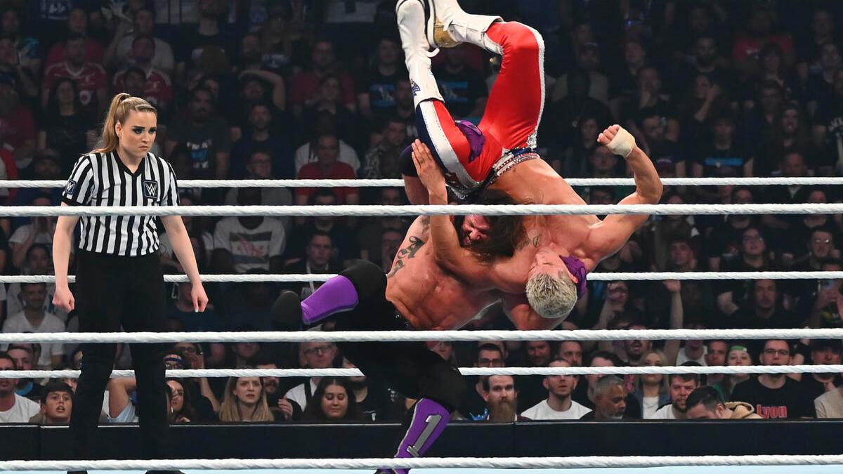 AJ Styles hitting a Burning Hammer on Cody Rhodes at WWE Backlash 2024