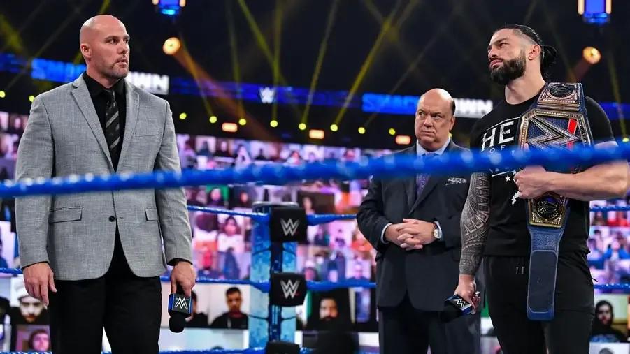 Adam Pearce- Roman Reigns- Paul Heyman- WWE SmackDown January 2021.jpg