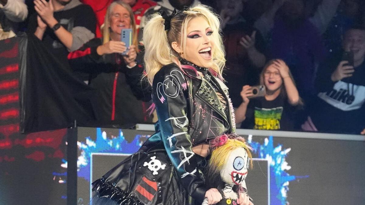 Alexa Bliss makes her entrance during the 2025 WWE women's Royal Rumble match