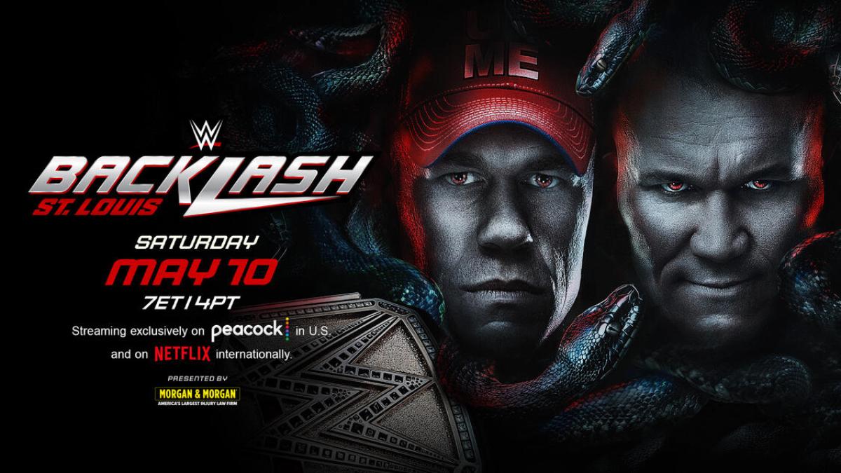 Poster for WWE Backlash 2025 featuring John Cena and Randy Orton with red eyes