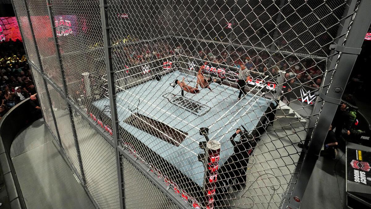 WWE's Hell in a Cell cage with CM Punk and Drew McIntyre obscured in the ring 