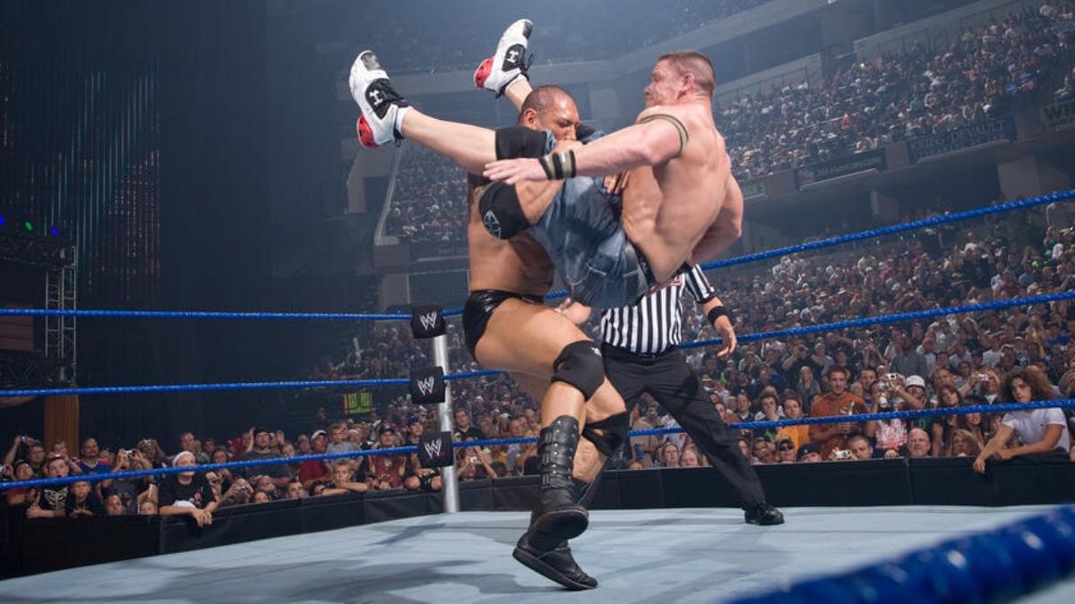 Batista hitting a Batista Bomb on John Cena at SummerSlam 2008