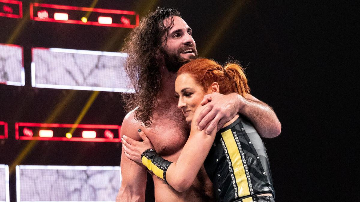 Seth Rollins hugging Becky Lynch at WWE Stomping Grounds 2019