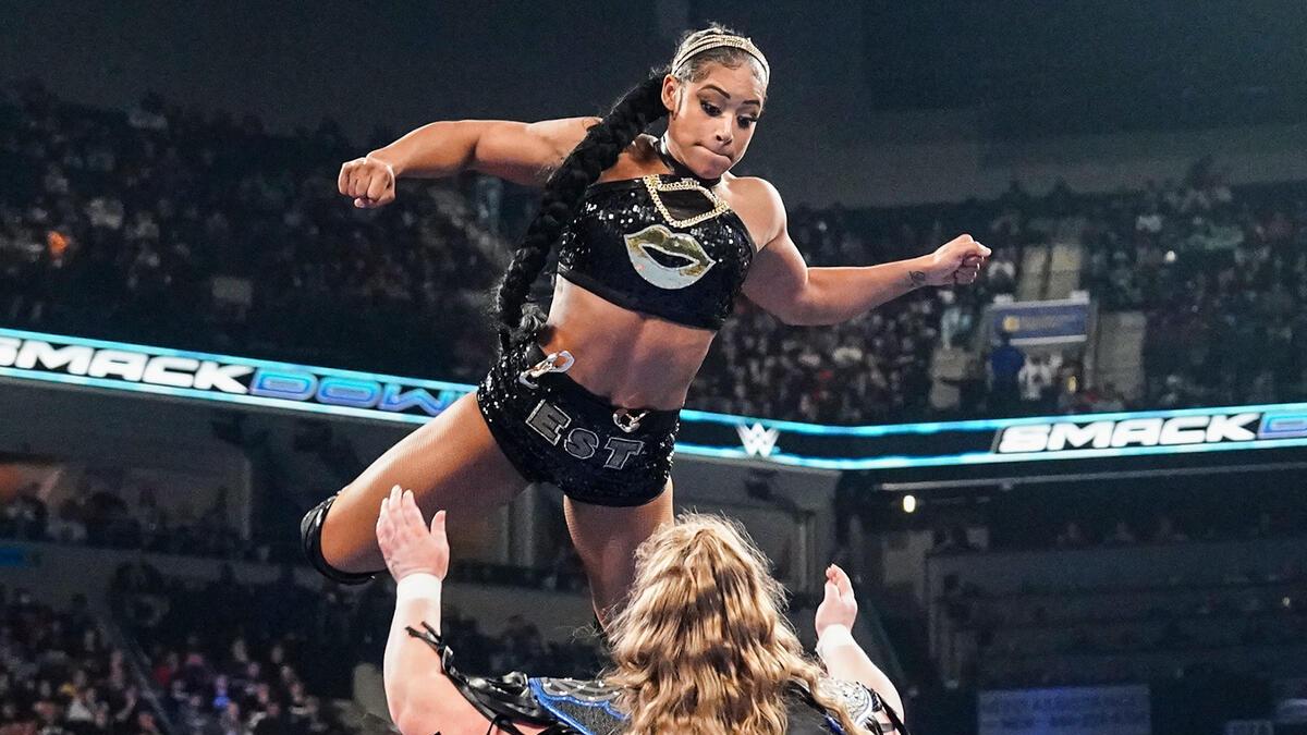 Bianca Belair hitting a dive in February 2025