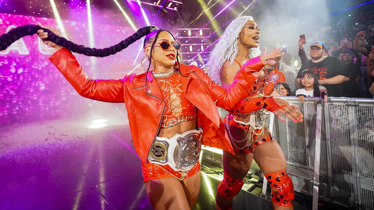 Bianca Belair and Jade Cargill making their entrance on a November 2024 episode of WWE Raw