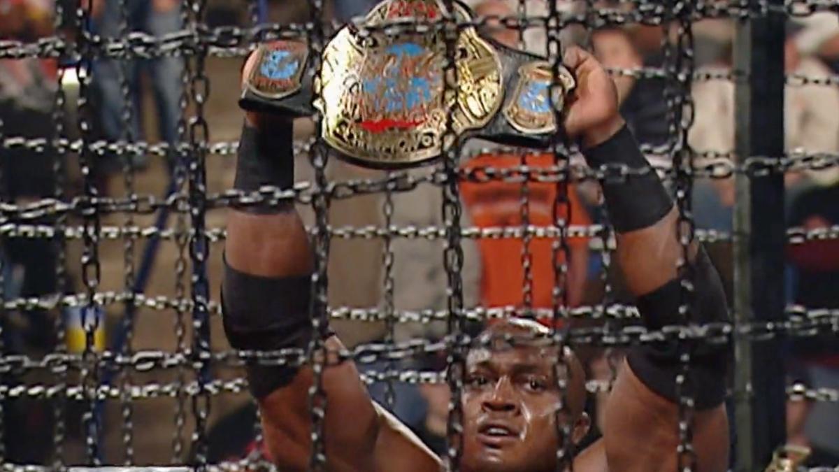 Bobby Lashley holding up the ECW World Heavyweight Title