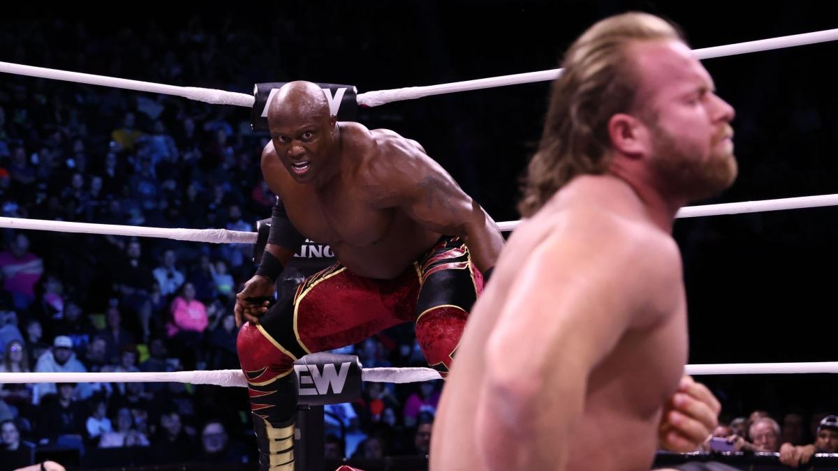 Bobby Lashley waits for his opponent to get to his feet during his AEW Dynamite in-ring debut