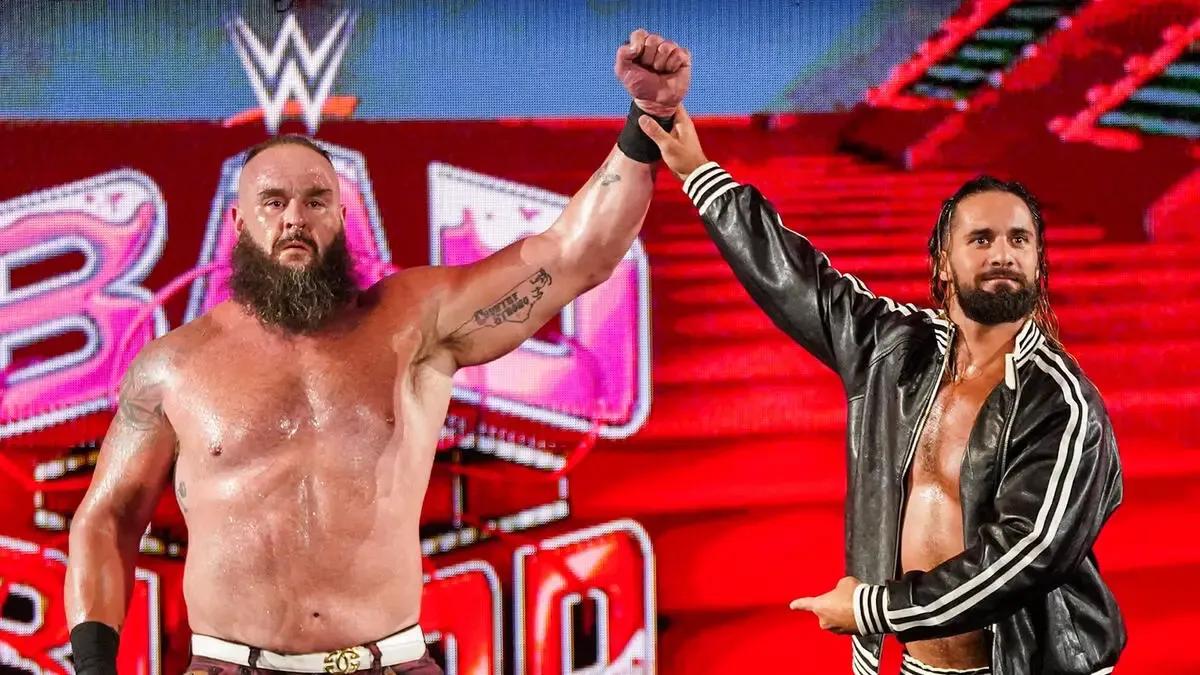 Seth Rollins raises the hand of Braun Strowman following Braun's victory on WWE Raw.