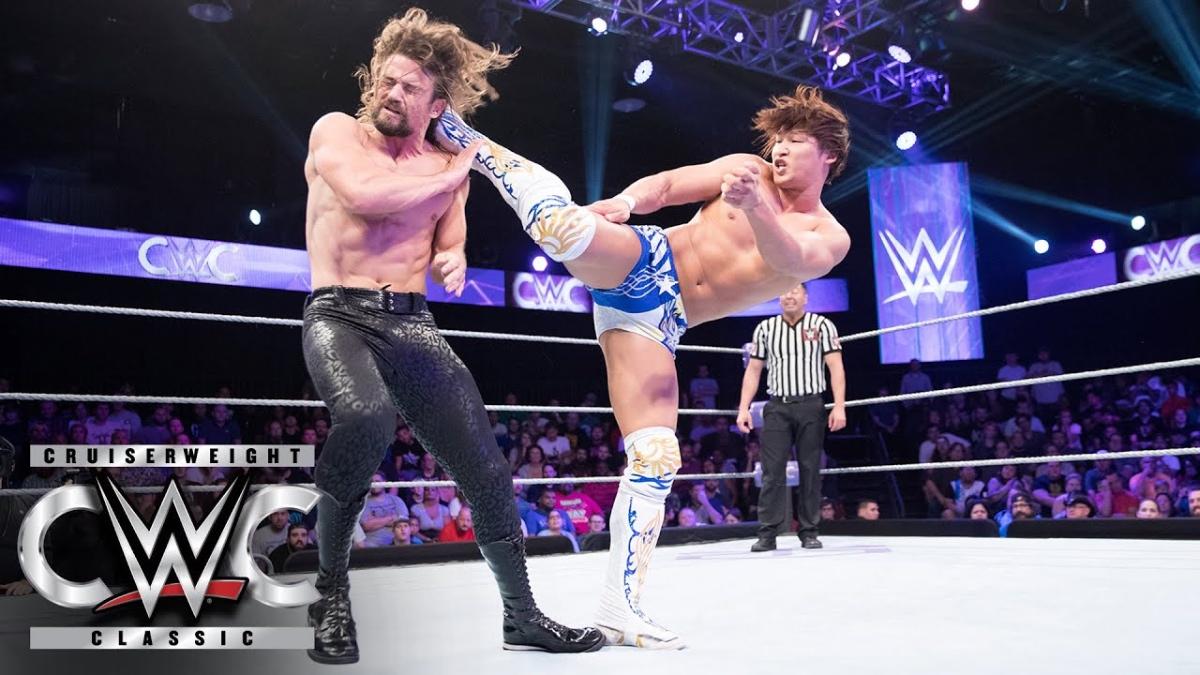 Kota Ibushi kicking Brian Kendrick in the head during WWE Cruiserweight Classic