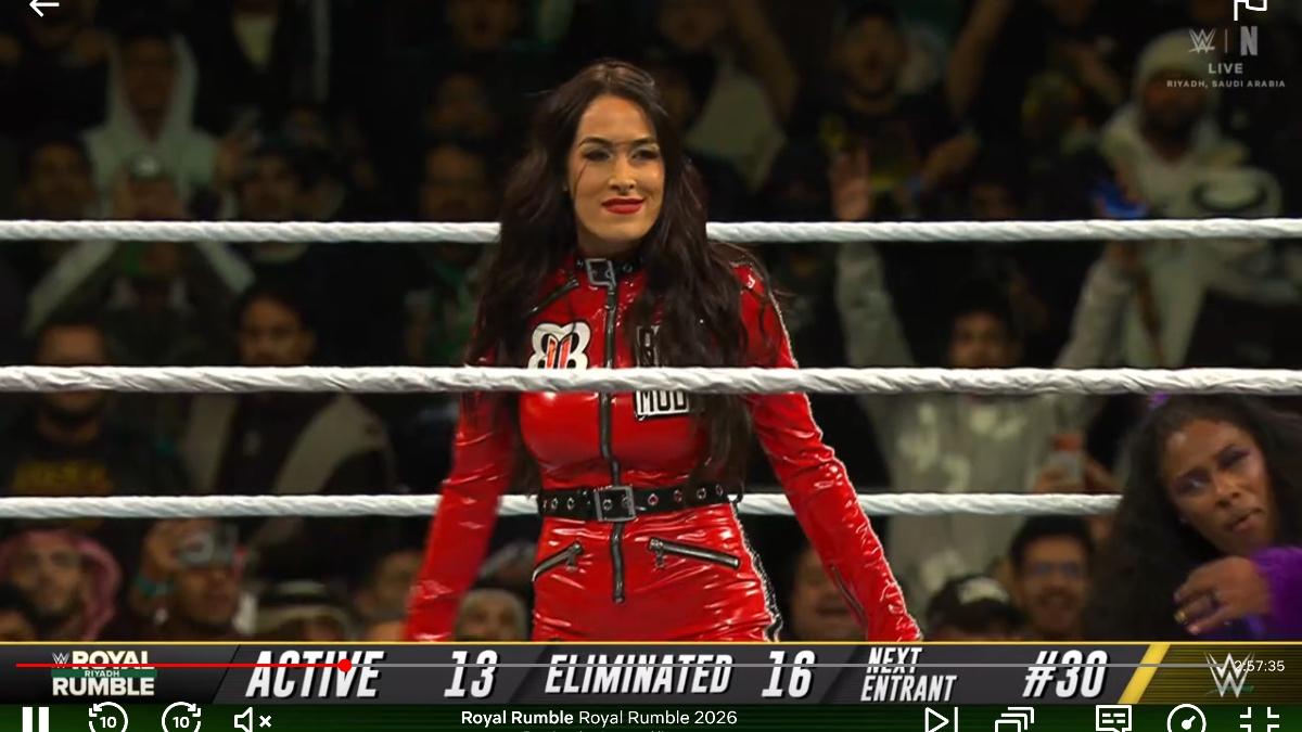Brie Bella in an all-red costume at WWE Royal Rumble 2026