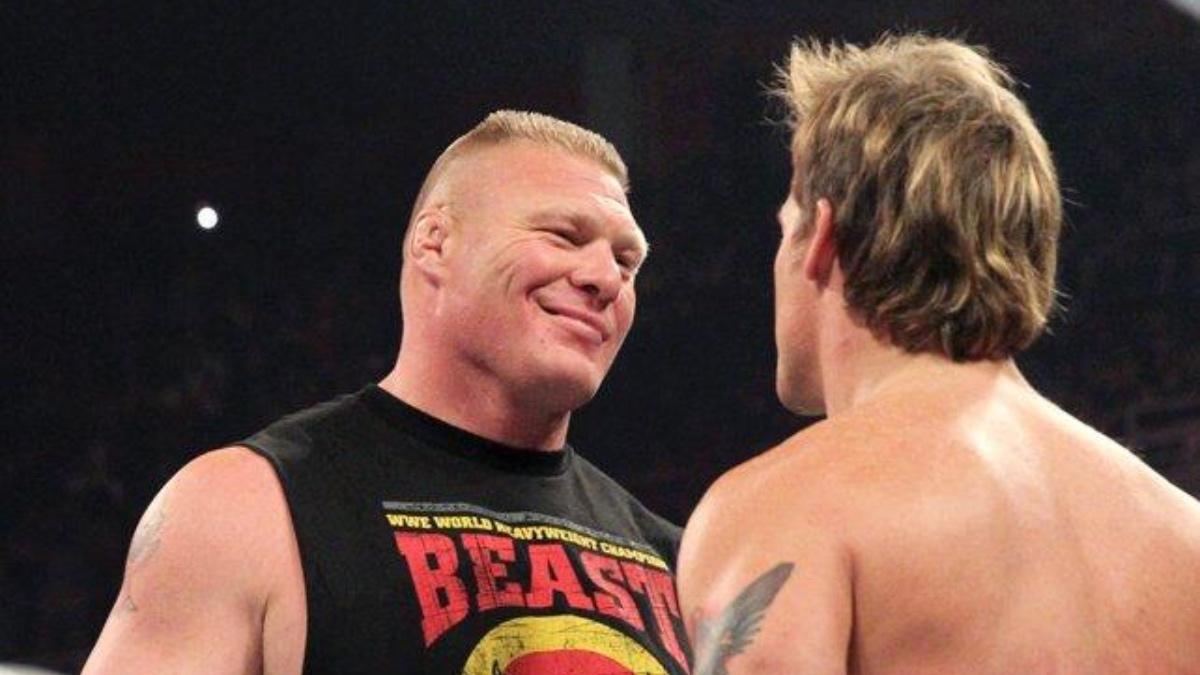 Brock Lesnar smirking at Chris Jericho on December 2014 episode of WWE Raw