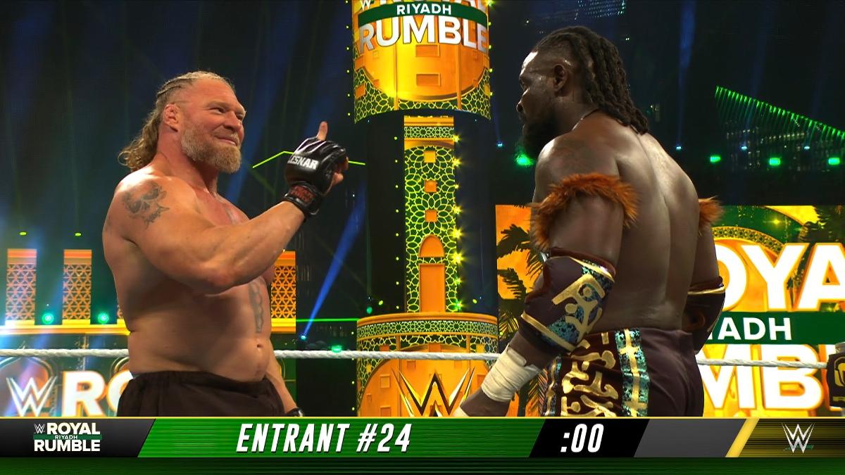 Brock Lesnar wagging his finger at Oba Femi in WWE Royal Rumble 2026
