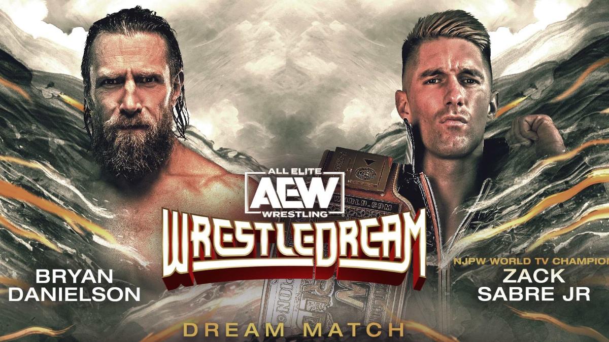 Bryan Danielson and Zack Sabre Jr. match graphic for AEW WrestleDream 2023. The graphic has a grey watercolour background