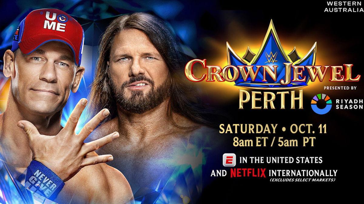 Poster advertising John Cena vs. AJ Styles at WWE Crown Jewel Perth