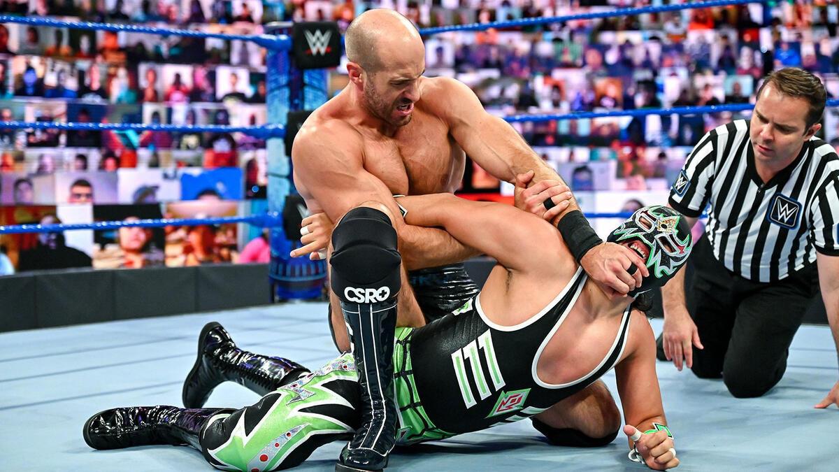 Cesaro and Gran Metalik in a submission on 2020 episode of WWE SmackDown