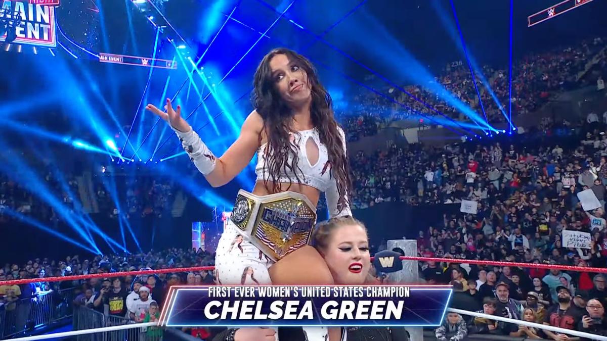 Chelsea Green celebrating her WWE Women's United States Title win at Saturday Night's Main Event