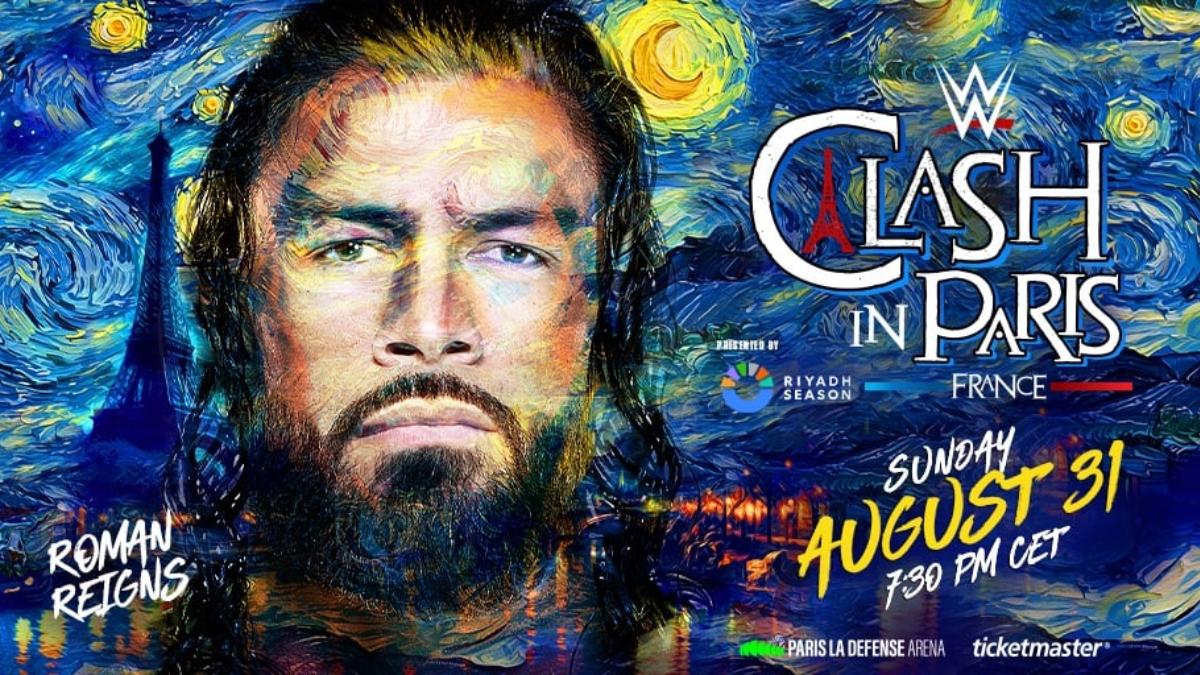 Poster for WWE Clash in Paris 2025 featuring Roman Reigns painted in the style of Van Gogh