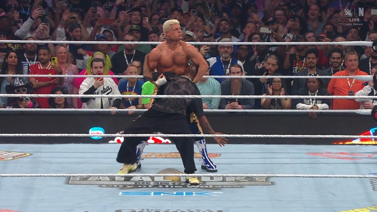 Cody Rhodes hitting a Cross Rhodes to Travis Scott at WrestleMania 41