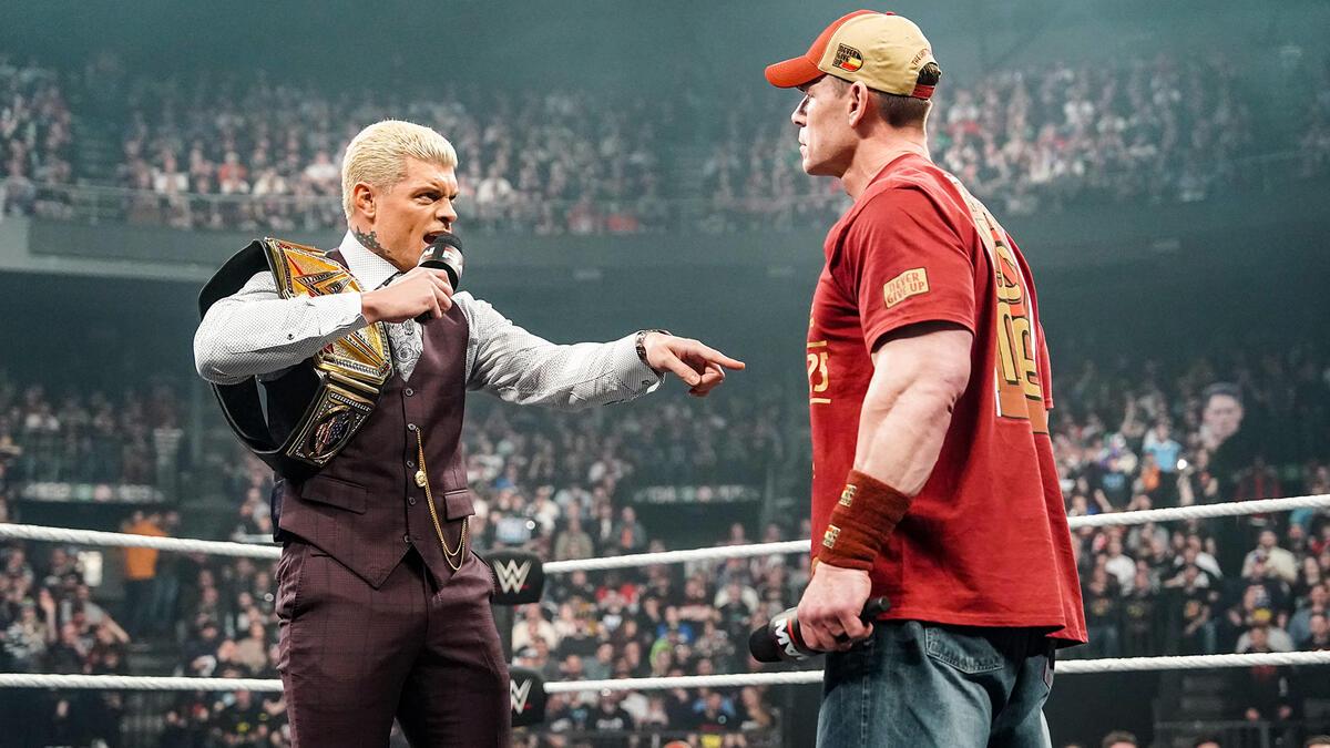 Cody Rhodes pointing at John Cena on March 17, 2025 episode of WWE Raw