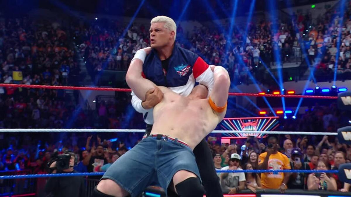 Cody Rhodes hitting Cross Rhodes on John Cena