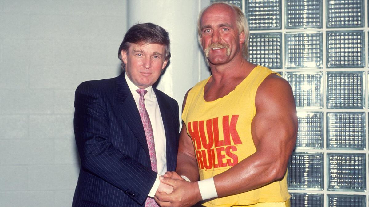 Donald Trump and Hulk Hogn posing for a photo together backstage at WWE WrestleMania 7.