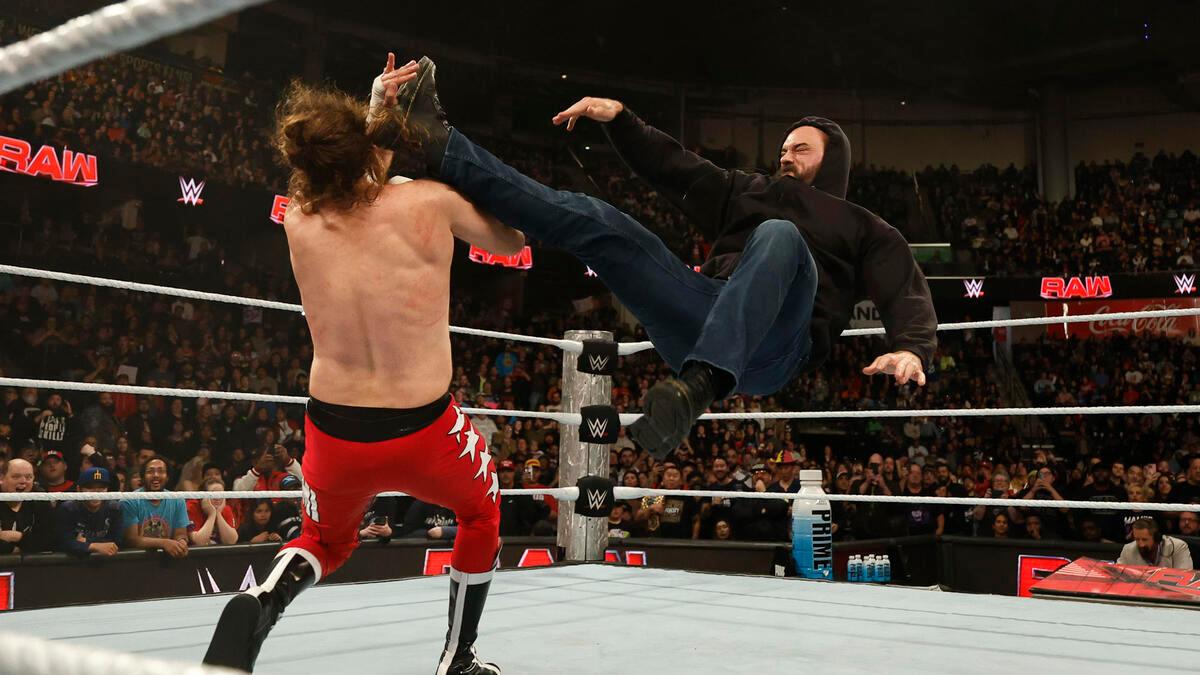 Drew McIntyre hitting Sami Zayn with a Claymore Kick on the December 2, 2024 episode of WWE Raw