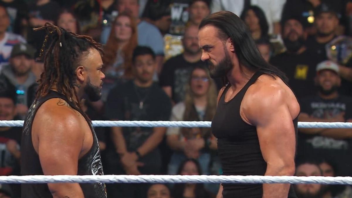 Drew McIntyre and Jacob Fatu having a staredown on WWE SmackDown