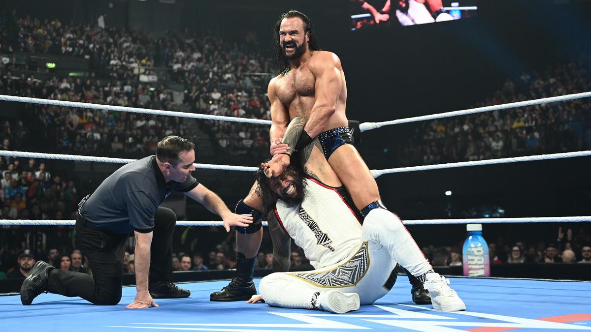 Drew McIntyre wrestling Jimmy Uso on WWE SmackDown